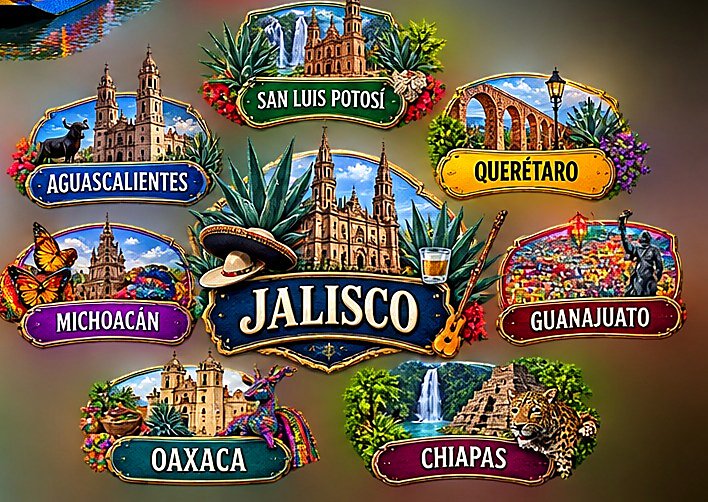 Pueblos Mágicos y estados de las escapadas de fin de semana: San Luis Potosí, Querétaro, Jalisco, Guanajuato, Michoacán, Oaxaca y Chiapas